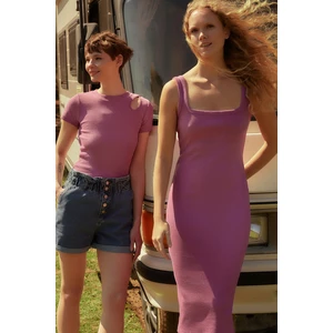 Trendyol Purple More Sustainable Fitted, Square Collar, Ribbed Straps Mini, Flexible Knitted Dress