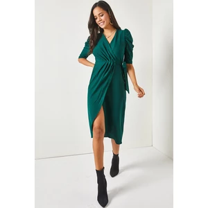 Olalook Women's Emerald Green Double Breasted Skirt, Wrapped Belted Dress