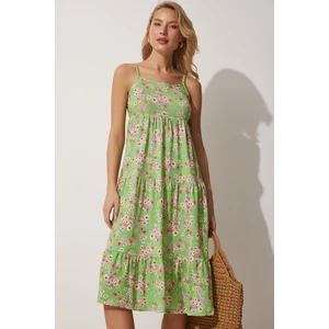 Happiness İstanbul Women's Green Strapless Floral Summer Knitted Dress