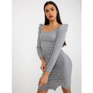 Grey ribbed fitted dress with ruffles