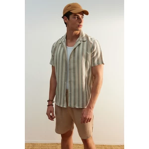 Trendyol Limited Edition Green Men's Regular Fit Striped Linen-Textured Shirt