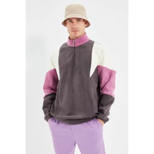 Trendyol Anthracite Men's Regular/Regular Cut, Zippered Standing Collar Color Block Fleece Warm Sweatshirt.