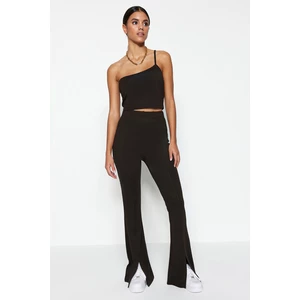 Trendyol Dark Brown One-Shoulder Crop and Hem with a Slit Flare Knitted Top and Bottom Set