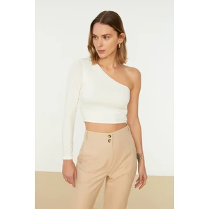 Trendyol Ecru One-Shoulder Fitted/Slippery Knit Blouse with a Crop