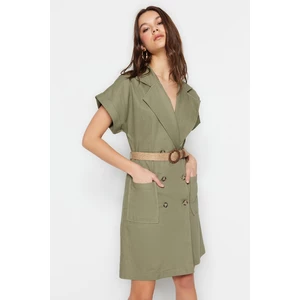 Trendyol Khaki Belted Double-Breasted Mini Dress with Pockets