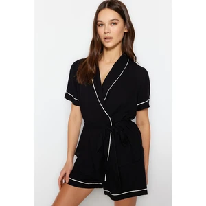 Trendyol Black Lace and Piping Detailed Shirt-Shorts Woven Pajamas Set.