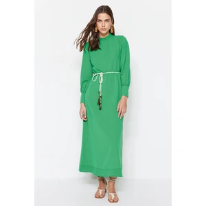 Trendyol Green Linen-Look Woven Dress with a Belt Detail and Wide Cuffs