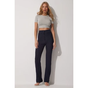 Happiness İstanbul Women's Navy Blue High Waist Striped Trousers