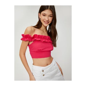 Koton Off-the-Shoulder Crop Blouse With Frills, Textured Viscose Blend.