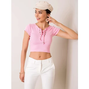 RUE PARIS Light pink blouse with laced neckline