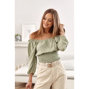 Khaki short blouse with puffed hem