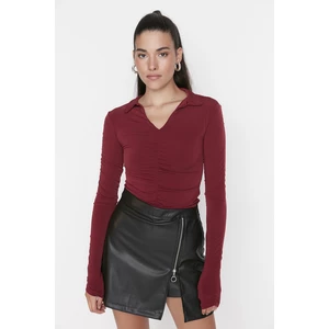 Trendyol Burgundy Pleated Polo Neck Knitted Blouse