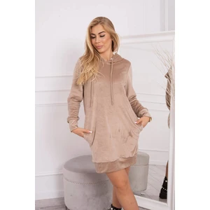 Velor dress with a hood of beige color