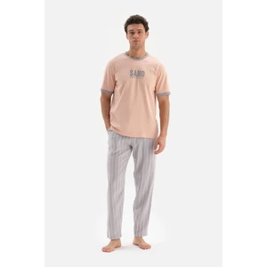 Dagi Salmon Bim Collar Printed Top Stripe Woven Bottom Pajamas Set