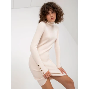 Light beige women's knitted dress with turtleneck