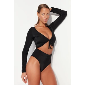 Trendyol Black V-Neck Cut Out/Windowed Long Sleeve High Leg Swimsuit