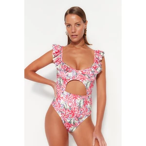 Trendyol Floral Print V-neck Swimwear with Cut Out/Windowed Regular Leg
