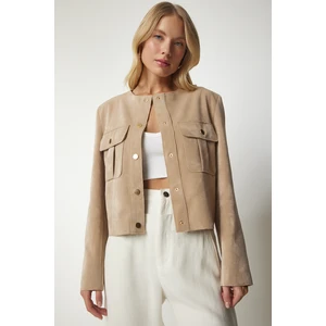 Happiness İstanbul Women's Beige Snap Closure Stylish Woven Jacket