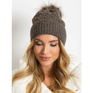 Cap with a braid weave and a fur pompom, dark brown