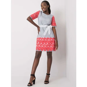 Gray and red patterned dress with a belt