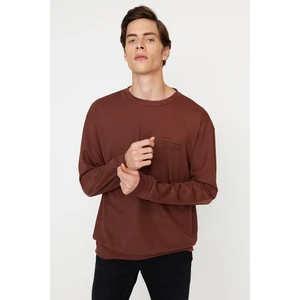 Trendyol Brown Men's Relaxed Fit Crewneck Minimalist Printed Sweatshirt