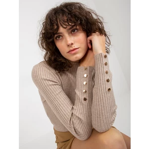 Dark beige ribbed sweater with stand-up collar and buttons