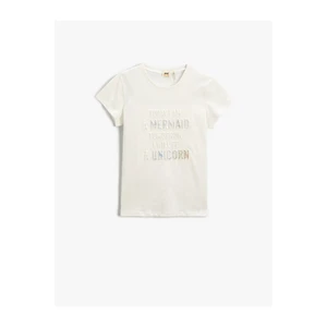Koton Slogan Printed Relief Silvery Short Sleeve T-Shirt Cotton
