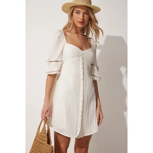 Happiness İstanbul Women's White Sweetheart Neck Balloon Sleeve Summer Dress