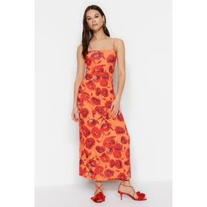 Trendyol Orange Floral Pattern Square Collar Maxi Stretch Knitted Dress