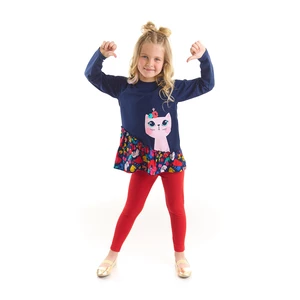 Denokids Floral Cat Girl Child Navy Blue Frilly Tunic Red Leggings Suite.