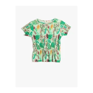 Koton Tie Waist Floral T-Shirt Short Sleeves Round Neck Pleated Pleat