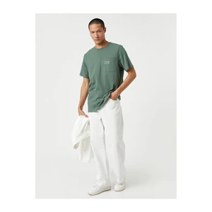 Koton Basic T-Shirt with Embroidered Motto Pocket Detailed Crew Neck.