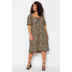 Trendyol Curve Brown Animal Pattern Knitted Heart Collar Dress