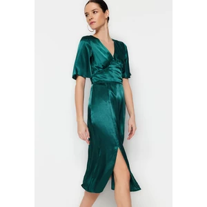 Trendyol Green Plain Fit Midi Woven Satin V-Neck Dress with a Slit