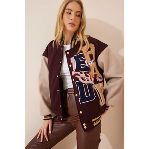 Happiness İstanbul Women's Brown Crest College Bomber Cuffed Coat