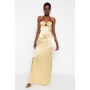 Trendyol Light Yellow Weave Satin Long Evening Dress with Window/Cut Out Detail