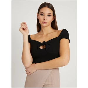 Black Women Ribbed Cropped T-Shirt with Bow Guess Valeriana - Women