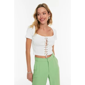 Trendyol White Ribbed Square Neck Crop Knitted Blouse