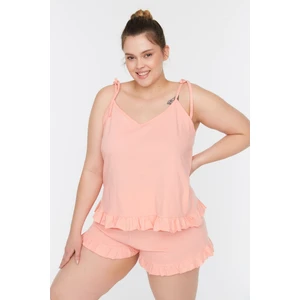 Trendyol Curve Salmon Ruffle Detailed Strap Knitted Pajamas Set