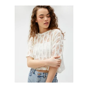 Koton Crop T-Shirt with Openwork Short Sleeves, Crew Neck