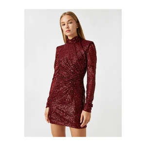 Koton Women's Sequin Dress Evening Dress High Neck Long Sleeve Short