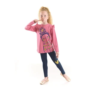 Mushi Love Cat Cat Girl Child Pink T-shirt, Navy Blue Leggings Set.