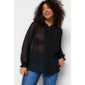 Trendyol Curve Black Chiffon Shirt with Weave Sleeves and Gipple