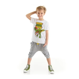 Denokids Noise Boys White T-shirt Gray Capri Shorts Set