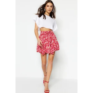 Trendyol Pink Floral Patterned Skirt With Ruffles, Normal Waist, Mini Crepe Knitted Skirt