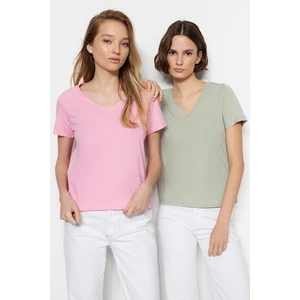 Trendyol Pink-Mint 100% Cotton 2-Pack Basic V-Neck Knitted T-Shirt