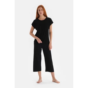 Dagi Black Off-Shoulder Lace Detailed Knitted Pajamas Set
