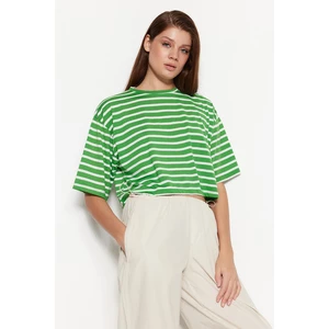Trendyol Green Striped Relaxed/Wide Comfortable Cut Crop Crew Neck Knitted T-Shirt