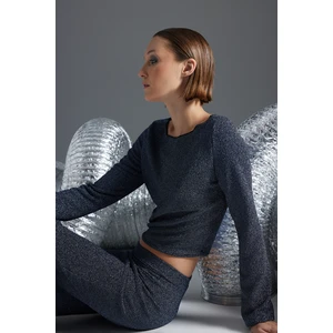 Trendyol Anthracite Glossy Boat Collar Regular/Normal Fit Crop Long Sleeve Flexible Knitted Blouse