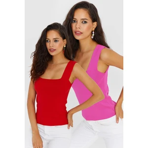 Cool & Sexy Women's Red-Pink Square Collar Double Knitwear Blouse YV130